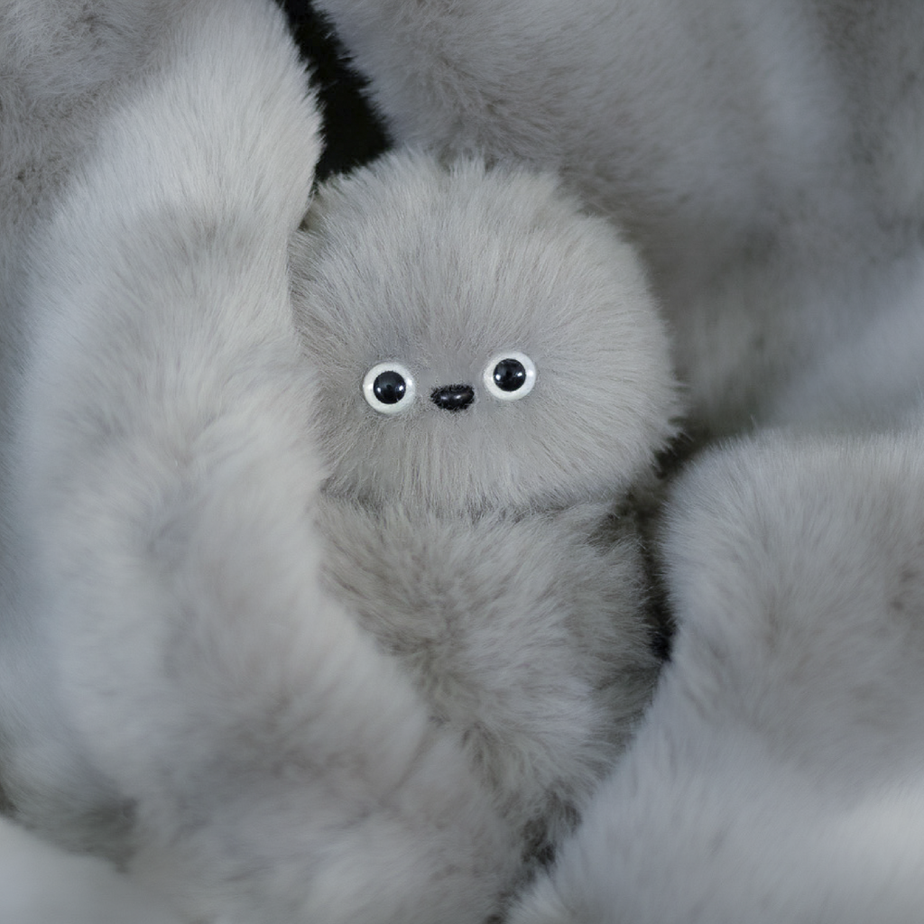 Mirumi bag charm robot in Gray. Features soft, muted gray fluffy fur and two small eyes.